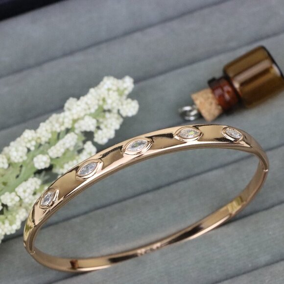 Elegant Rose Gold Bangle with Marquise-Cut Sparkling Stones, XPBL0490 - Picture 1 of 12